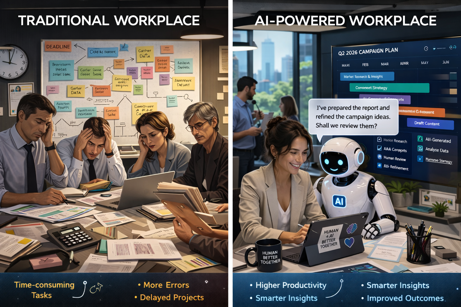 Traditional workplace vs AI-powered workplace comparison